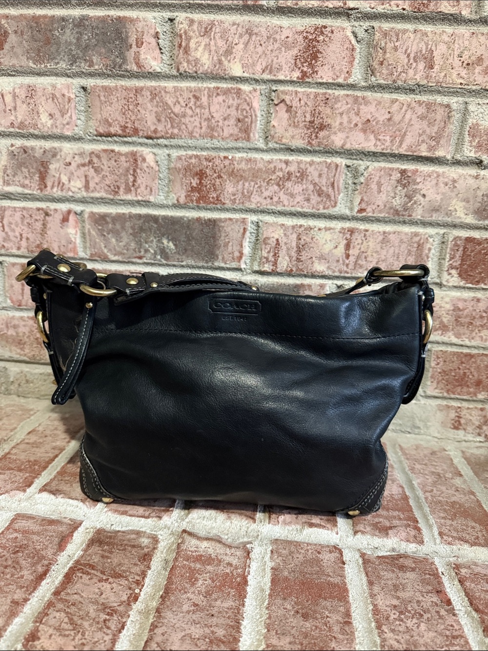 Vintage Coach Black Leather Hobo Shoulder Bag with Brass Hardware 10615